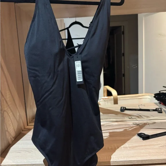 Women’s Black V-Neck One-Piece Swimsuit - Picture 2 of 4